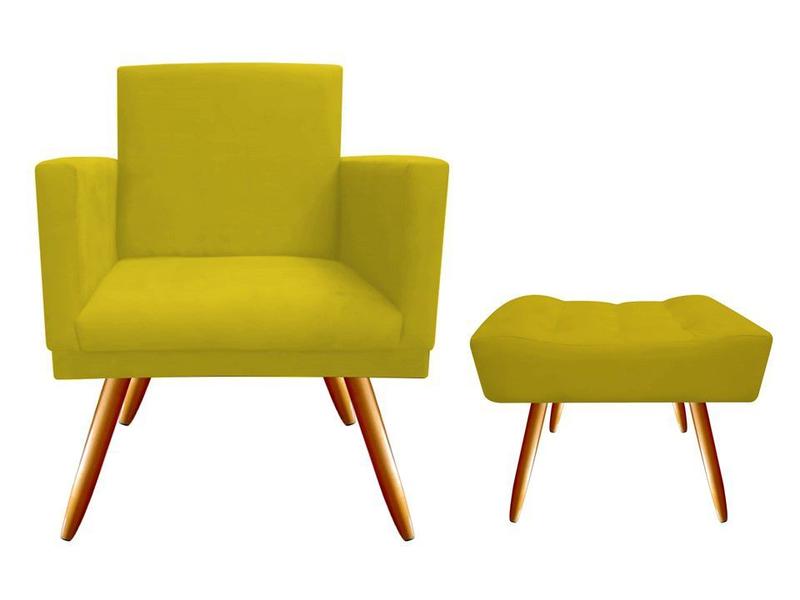 Imagem de Kit Poltrona Decorativa Bia + Puff Retangular Suede Amarelo Pés Madeira Ms Decor