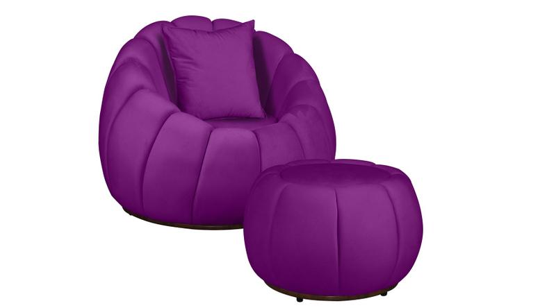 Imagem de Kit Poltrona Decorativa C/Puff e Almofada Concha Veludo Roxo - Montanaris Decor