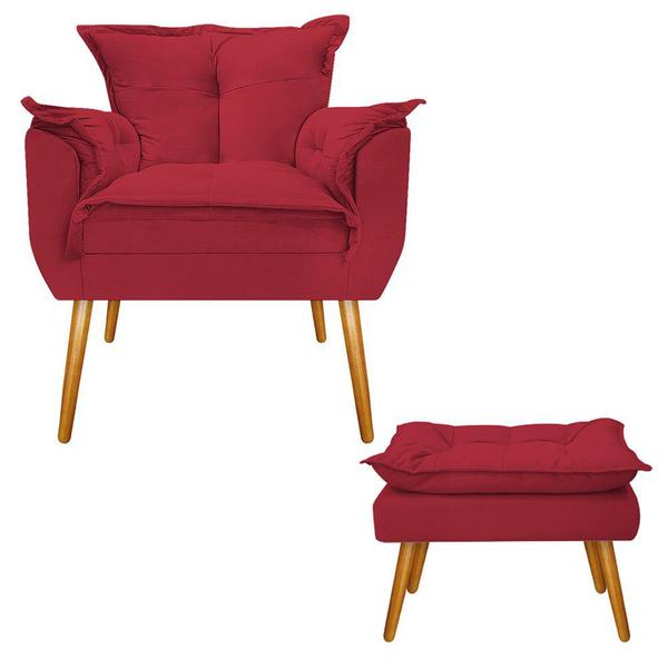 Imagem de Kit Poltrona Decorativa e Puff Opala Palito Mel Sala de Estar Suede Vermelho