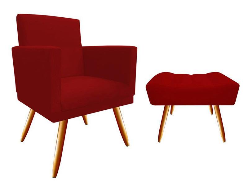 Imagem de Kit Poltrona Decorativa Nina + Puff Retangular Suede Vermelho Pés Madeira Mz Decor