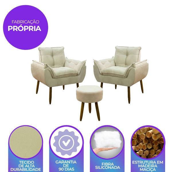 Imagem de Kit Poltrona Decorativa + Puff Redondo Luxo Descanso Salão de Beleza Escritório - Cor Bege