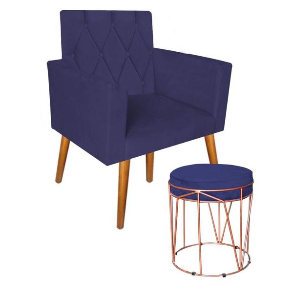 Imagem de Kit  Poltrona Decorativa Thais Capitonê E Puff Aramado Suede Azul Marinho - Móveis Mafer