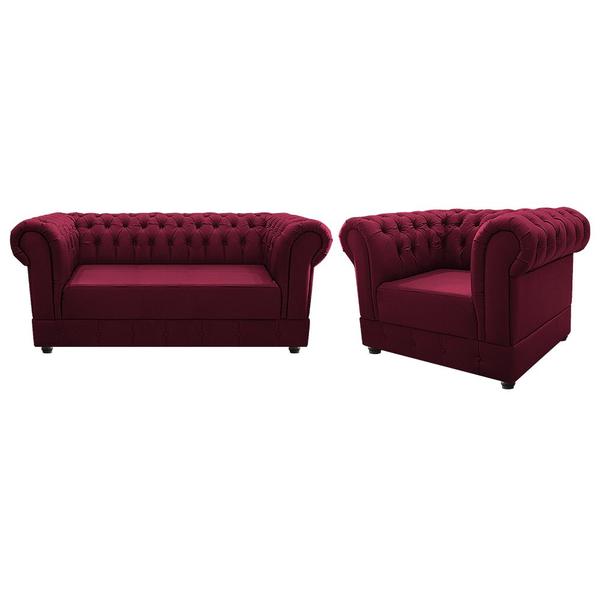 Imagem de Kit Poltrona e Namoradeira Chesterfield Ana Suede Bordô - ADJ Decor