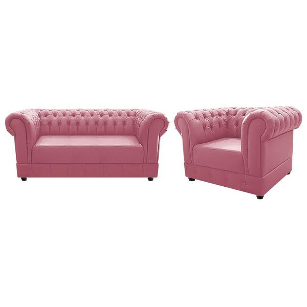 Imagem de Kit Poltrona e Namoradeira Chesterfield Ana Suede Rosa Bebê - ADJ Decor