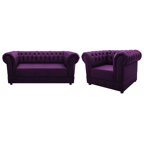 Imagem de Kit Poltrona e Namoradeira Chesterfield Ana Suede Roxo - Doce Sonho Móveis