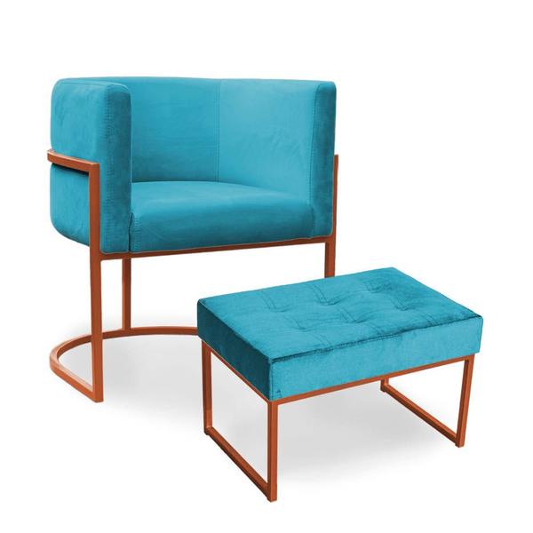 Imagem de Kit Poltrona e Puff Luana Base Bronze Veludo Azul Turquesa - Montanaris Decor