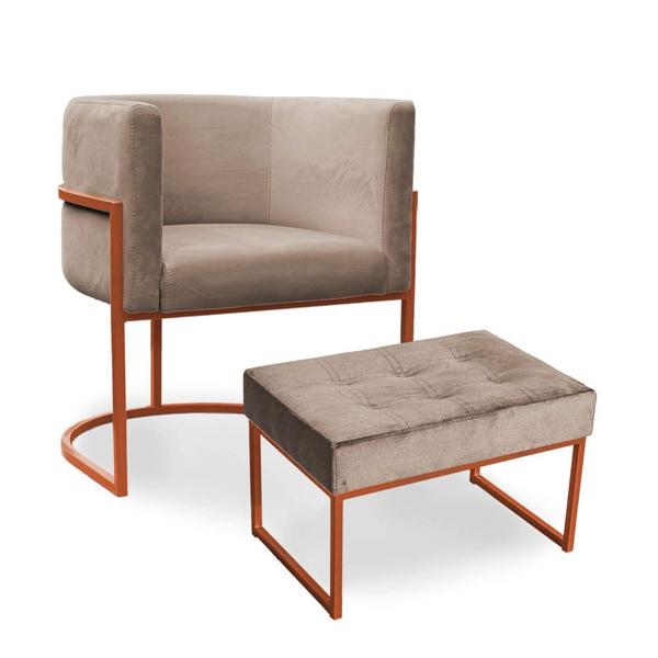 Imagem de Kit Poltrona e Puff Luana Base Bronze Veludo Cappuccino - Montanaris Decor