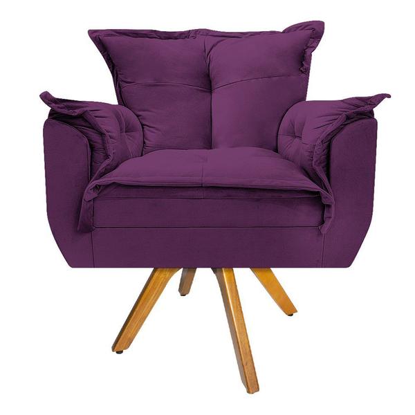 Imagem de Kit Poltrona e Puff Opala Base Giratória de Madeira Suede Roxo - KDAcanto Móveis