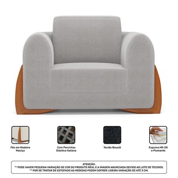 Imagem de Kit Poltrona e Sofá Bloom 220cm 03 Lugares com Pés de Madeira Bouclê Cinza - Desk Design