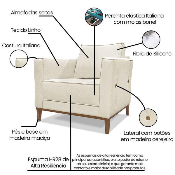 Imagem de Kit Poltrona e Sofá Living 2 Lugares 1,90m Vega Linho Pés Castanho - Pallazio