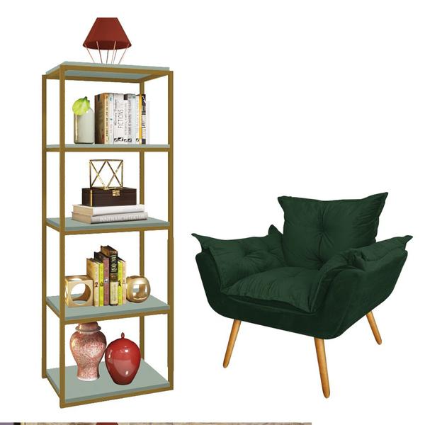 Imagem de Kit Poltrona Fatte com Estante Livreiro Ferro Dourado MDF Verde Oliva Suede Verde Musgo - Ahazzo Móveis