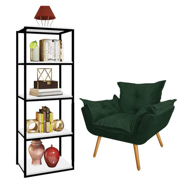 Imagem de Kit Poltrona Fatte com Estante Livreiro Ferro Preto MDF Branco Suede Verde Musgo - Ahazzo Móveis