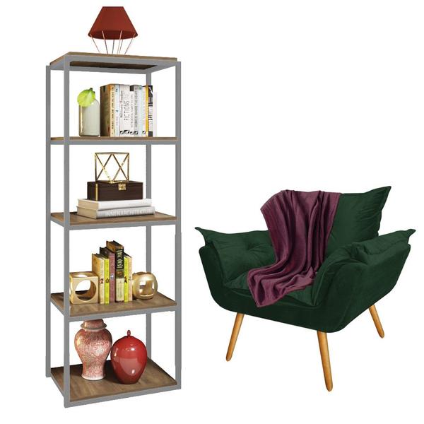 Imagem de Kit Poltrona Fatte com Manta Soft Bordô e Estante Livreiro Ferro Prata MDF Caramelo Suede Verde Musgo - Ahazzo Móveis