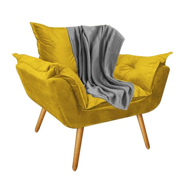 Imagem de Kit Poltrona Fatte com Manta Soft Cinza e Estante Livreiro Ferro Branco MDF Marmorizado Cinza Suede Amarelo - Ahz Móveis