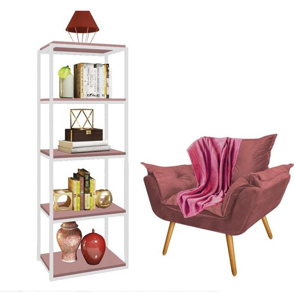 Imagem de Kit Poltrona Fatte com Manta Soft e Estante Livreiro Ferro Branco MDF Rose Suede Rose Gold - Ahazzo Móveis