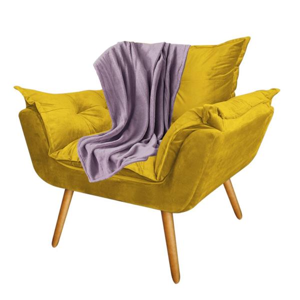 Imagem de Kit Poltrona Fatte com Manta Soft Lilás e Estante Livreiro Ferro Bronze MDF Carvalho Suede Amarelo - Ahazzo Móveis