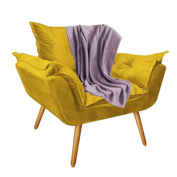 Imagem de Kit Poltrona Fatte com Manta Soft Lilás e Estante Livreiro Ferro Bronze MDF Carvalho Suede Amarelo - Ahazzo Móveis