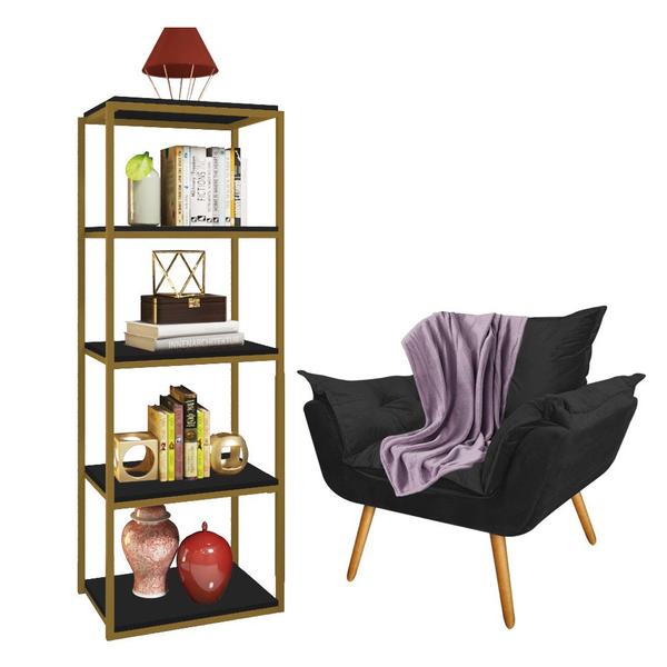 Imagem de Kit Poltrona Fatte com Manta Soft Lilás e Estante Livreiro Ferro Dourado MDF Preto Suede Preto - Ahz Móveis