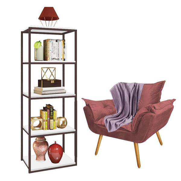 Imagem de Kit Poltrona Fatte com Manta Soft Lilás e Estante Livreiro Ferro Marrom MDF Branco Suede Rose Gold - Ahazzo Móveis