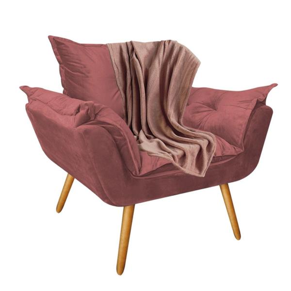 Imagem de Kit Poltrona Fatte com Manta Soft Salmão e Estante Livreiro Ferro Prata MDF Castanho Suede Rose Gold - Ahazzo Móveis