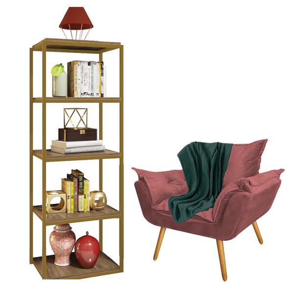 Imagem de Kit Poltrona Fatte com Manta Soft Verde e Estante Livreiro Ferro Dourado MDF Imbuia Suede Rose Gold - Ahz Móveis