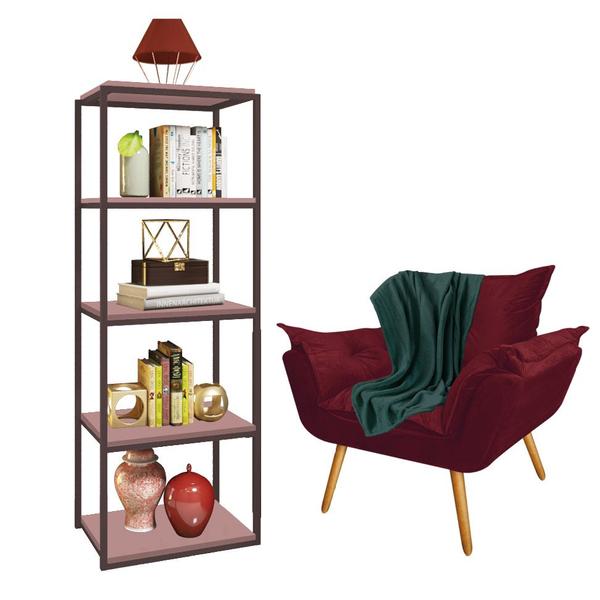 Imagem de Kit Poltrona Fatte com Manta Soft Verde e Estante Livreiro Ferro Marrom MDF Rose Suede Bordô - Ahazzo Móveis