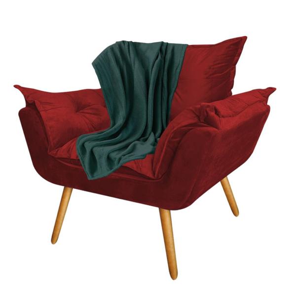 Imagem de Kit Poltrona Fatte com Manta Soft Verde e Estante Livreiro Ferro Prata MDF Freijó Suede Vermelho - Ahz Móveis