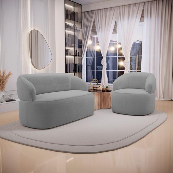 Imagem de Kit Poltrona Giratória e Sofá Orgânico Living Glee 02 Lugares 140cm Bouclê Cinza - Abmaza