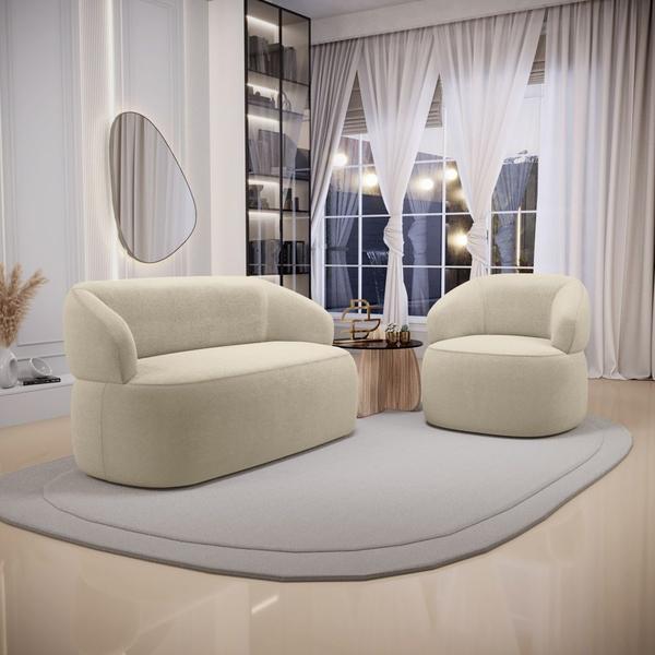 Imagem de Kit Poltrona Giratória e Sofá Orgânico Living Glee 03 Lugares 170cm Bouclê Bege - Abmaza