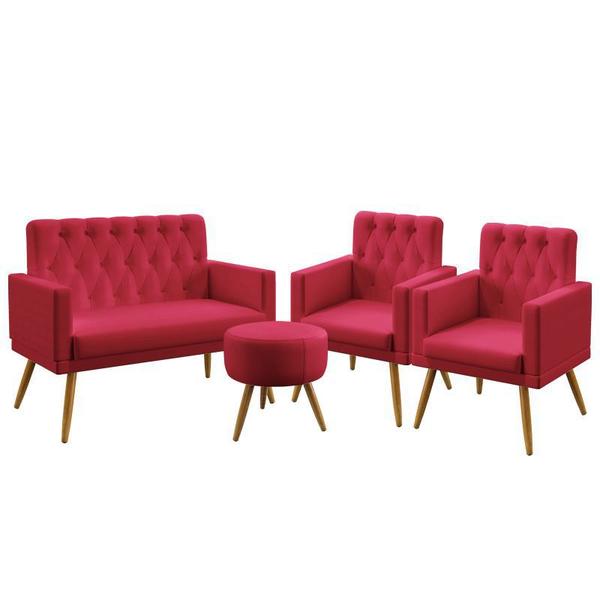 Imagem de Kit Poltrona Namoradeira e 2 Poltronas Decorativas Nina Com Rodapé E Botões Capitonê Puff Solar Suede Vermelho Aradecor