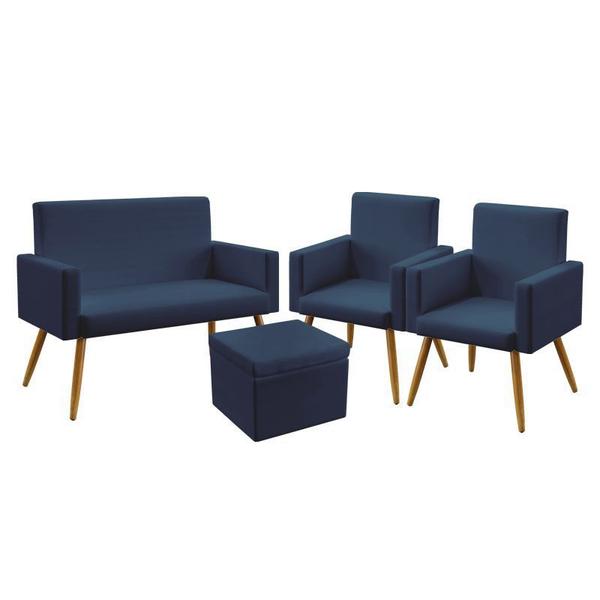 Imagem de Kit Poltrona Namoradeira e 2 Poltronas Decorativas Vega com Puff Quasar Suede Azul Marinho Aradecor