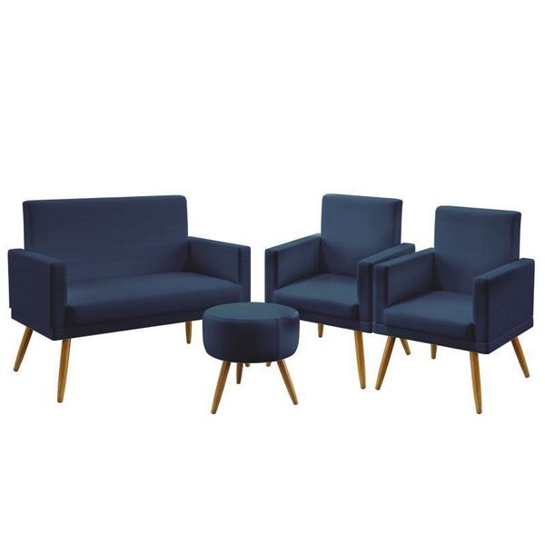 Imagem de Kit Poltrona Namoradeira e 2 Poltronas Decorativas Vega Com Rodapé Puff Solar Suede Azul Marinho Aradecor