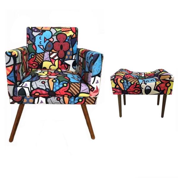 Imagem de Kit Poltrona Nina e Puff Retangular Pés Madeira Suede Romero Brito - DS Estofados