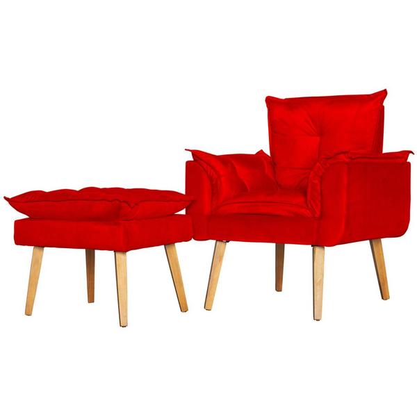 Imagem de Kit Poltrona Para Sala Decorativa e Puff Opala Suede Vermelho