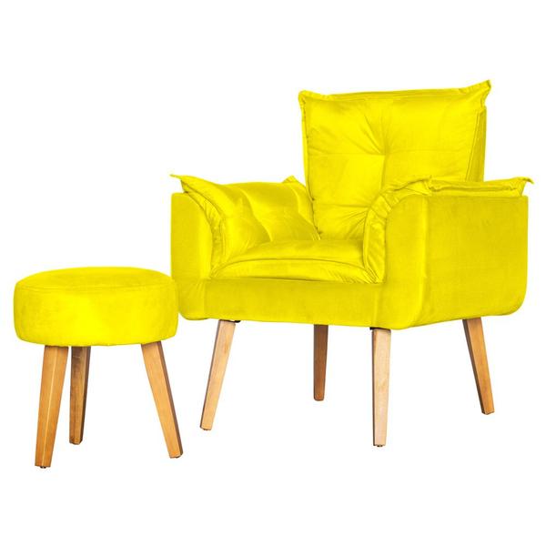 Imagem de Kit Poltrona Para Sala Decorativa Opala e Puff Redondo Suede Amarelo