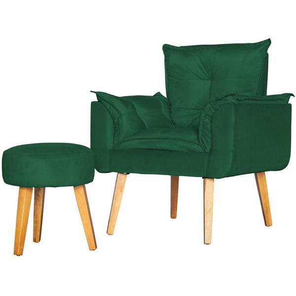 Imagem de Kit Poltrona Para Sala Decorativa Opala e Puff Redondo Suede Verde Escuro