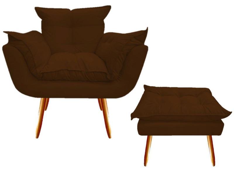 Imagem de Kit Poltrona + Puff Decorativo Opala Suede Marrom Pés Madeira Ms Decor