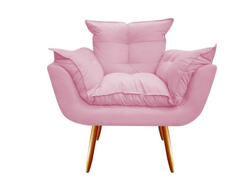 Imagem de Kit Poltrona + Puff Decorativo Opala Suede Rosa Bebê Pés Madeira Mz Decor