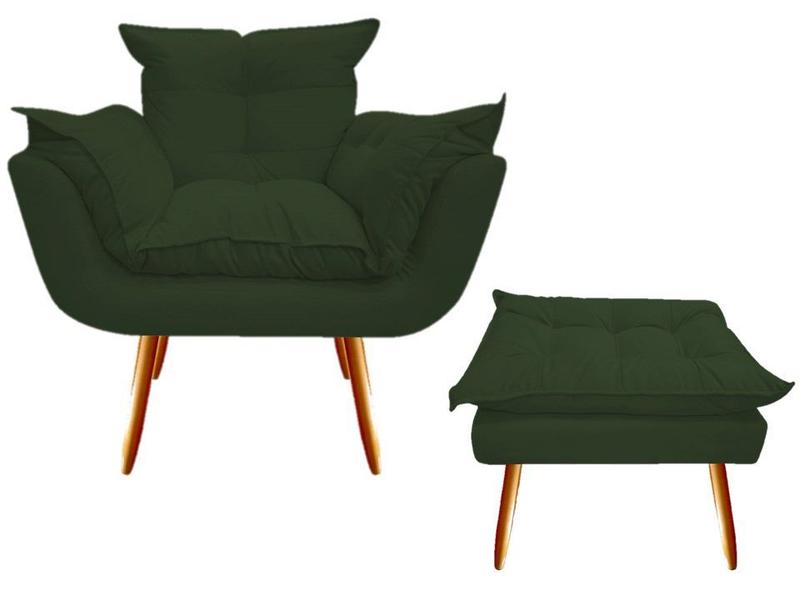 Imagem de Kit Poltrona + Puff Decorativo Opala Suede Verde Pés Madeira Ms Decor