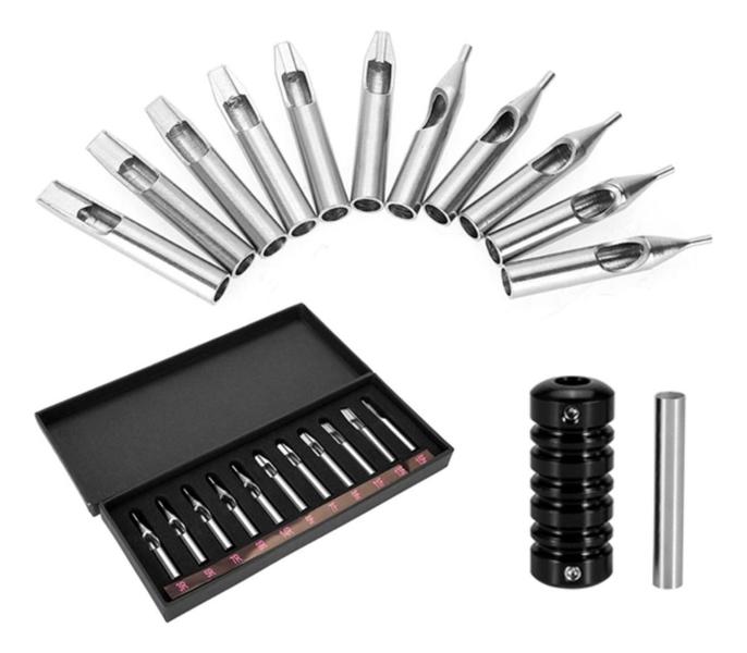 Imagem de Kit Ponteira Tips 11 Peças Aço Inox Tatto/tatuagem+grip 20mm