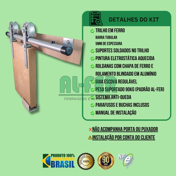 Imagem de Kit Porta Até 65cm Celeiro Rústico Prata Trilho Tubular Prata 1,30mt