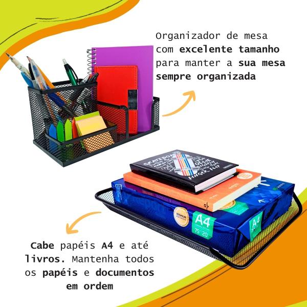 Imagem de Kit Porta Caneta Bandeja Organizadora Arquivo Duplo Organizador de Mesa Escritório Preto