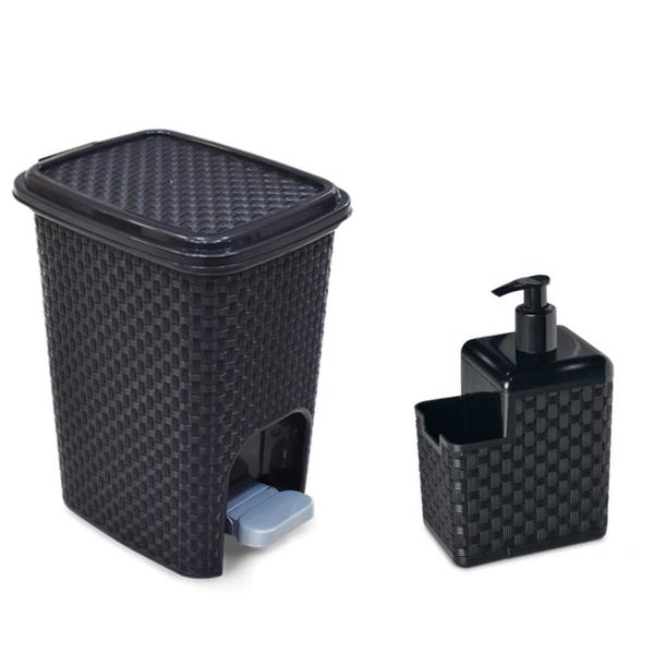 Kit Porta Detergente e Esponja C/ Bico Dosador + Lixeira 7L Ratan + Rodinho de Pia - Arqplast Imagem de Kit Porta Detergente e Esponja C/ Bico Dosador + Lixeira 7L Ratan + Rodinho de Pia