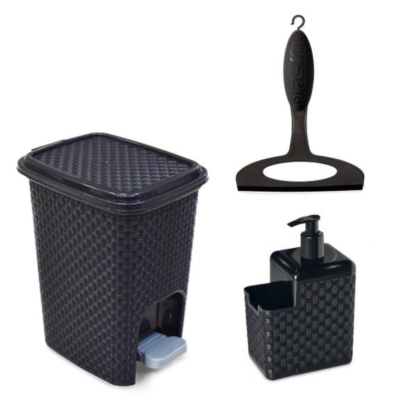 Kit Porta Detergente e Esponja C/ Bico Dosador + Lixeira 7L Ratan + Rodinho de Pia - Arqplast Imagem de Kit Porta Detergente e Esponja C/ Bico Dosador + Lixeira 7L Ratan + Rodinho de Pia