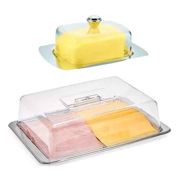 Imagem de Kit Porta Frios Duplo + Porta Manteiga Inox E Acrílico