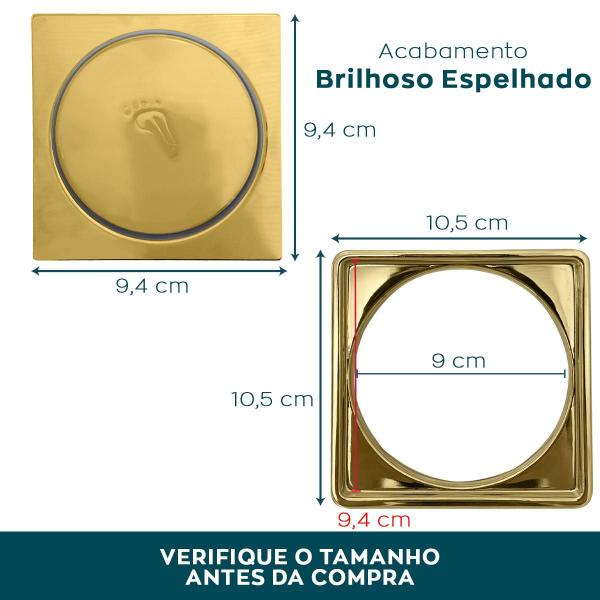 Imagem de Kit Porta Grelha 10x10 E Ralo Click Dourado Aço Inox Caixilho Quadrado Ralo Inteligente 10cm Tampa Caixa Sifonada Antiodor Banheiro Luxo Gold Brilhoso