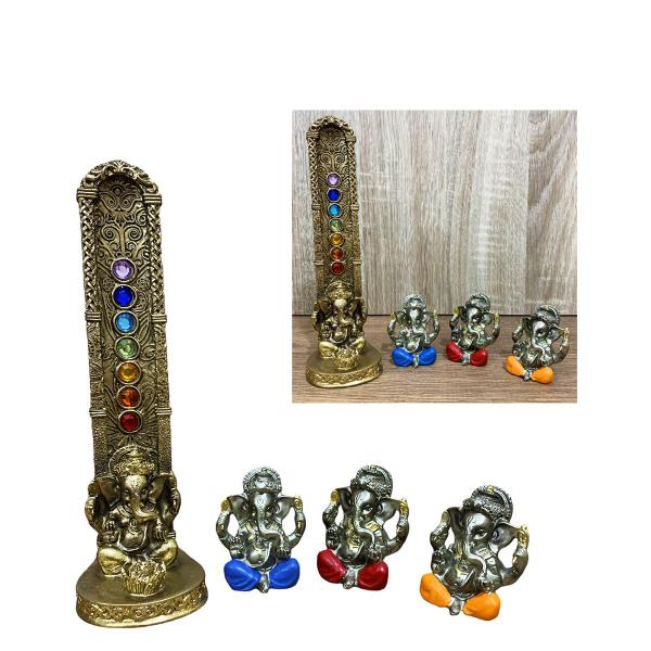 Imagem de Kit Porta Incenso Ganesha 7 Chakras + 3 Estátuas Resina Luxo