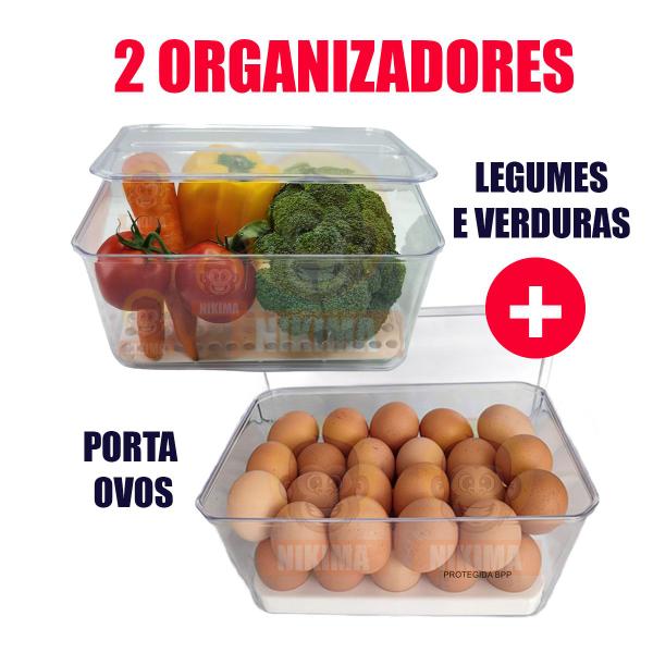 Imagem de Kit Porta Ovos Com Tampa + Porta Salada Legumes Organizador Geladeira 4L Verduras Frutas Cozinha