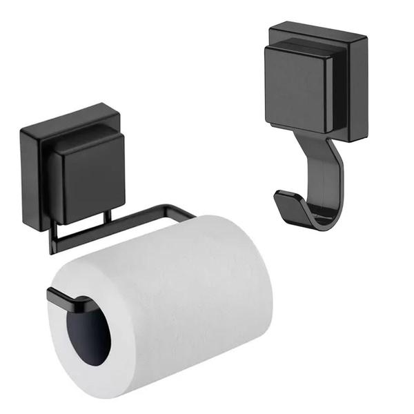 Imagem de Kit Porta Papel Higienico + Gancho Multiuso Preto Ventosa