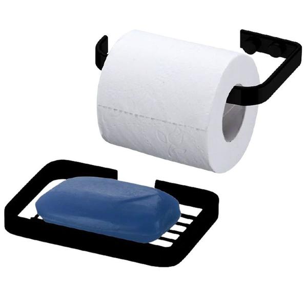 Kit Porta Papel Higiênico Parede + Saboneteira Suporte Sabonete Banheiro Preto Fosco - Future Imagem de Kit Porta Papel Higiênico Parede + Saboneteira Suporte Sabonete Banheiro Preto Fosco - Future